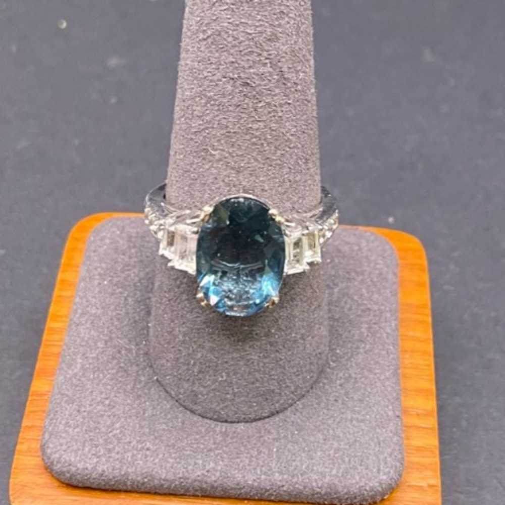Sterling Silver 925 Oval Teal Blue Topaz CZ Accent Solitaire Ring Size 9.75